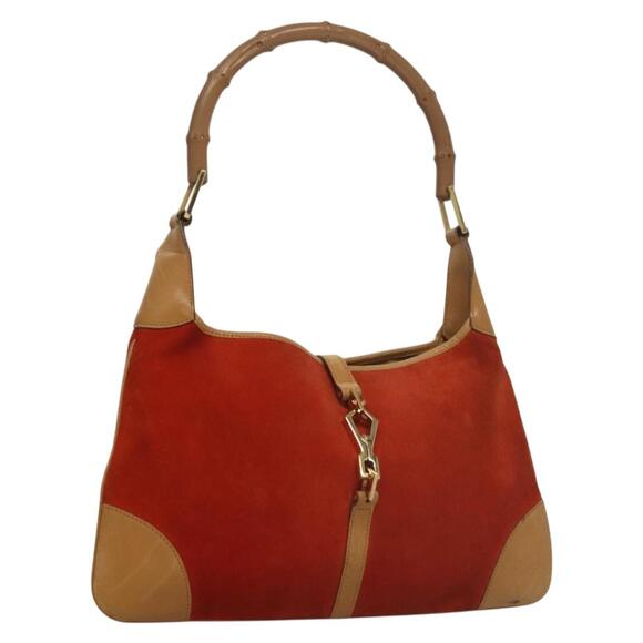 GUCCI Jackie Bamboo Shoulder Bag Suede Orange Beige Gold 001 001 - Picture 1 of 16
